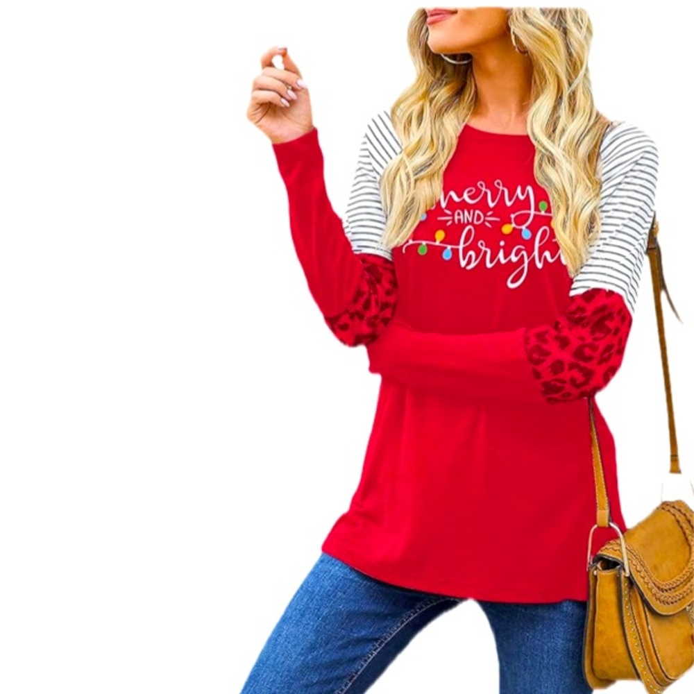 FLOYU Christmas Merry and Bright T-Shirt   Baseball Style Women’s Sz S - Picture 2 of 8